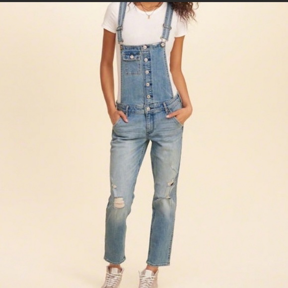 Hollister Blue Denim Distressed Boyfriend Overalls Size Small - Picture 2 of 7